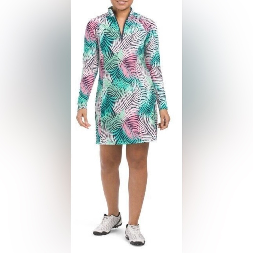 Tommy Bahama Golf  Long Sleeve dress 
Zip Up Neck Colorful Leaf Print Dress S